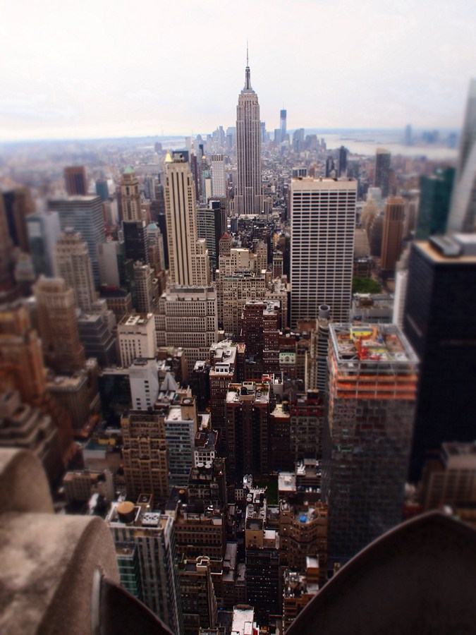 the city skyline is seen through the window of the observation platform