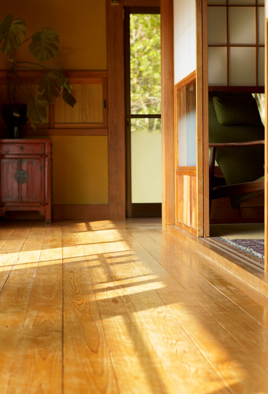 a room with light streaming through the doors and wood flooring