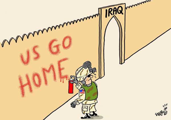 a cartoon depicting the words ` us go home'and an old man spraying paint on the wall
