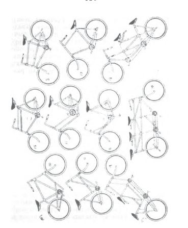 various bicycles, including two with wheels, in different directions