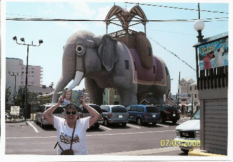 a woman is holding an elephant statue in the middle of the street