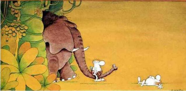 two little mice stand next to an elephant