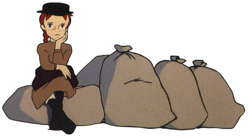 cartoon with a person sitting on a pile of rocks