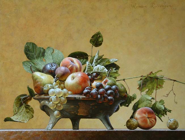 a painting of a fruit basket with gs, peaches and pomegranates