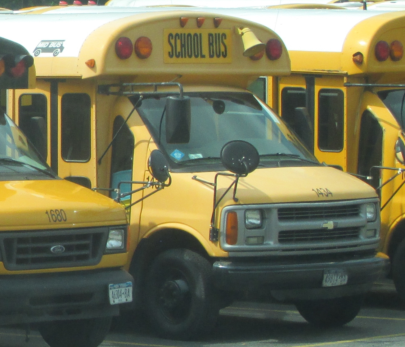 a line of yellow school buses lined up together
