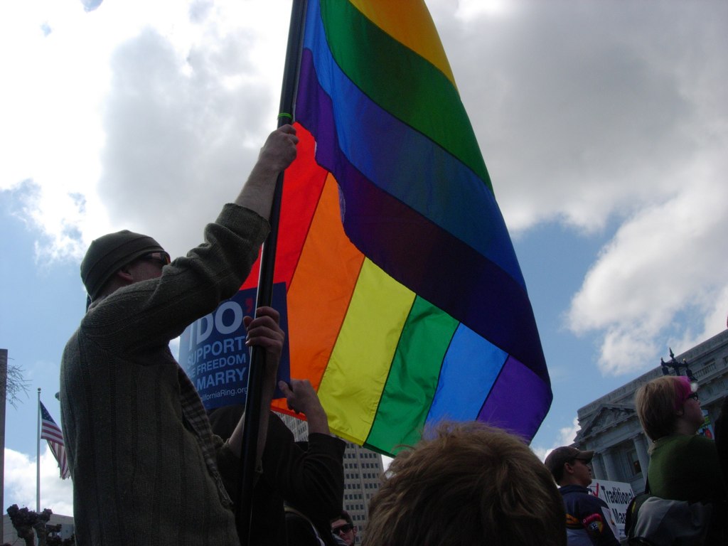 a person holds up a rainbow flag during a demonstration