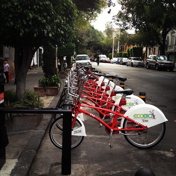 a line of red and white bikes sitting on the sidewalk