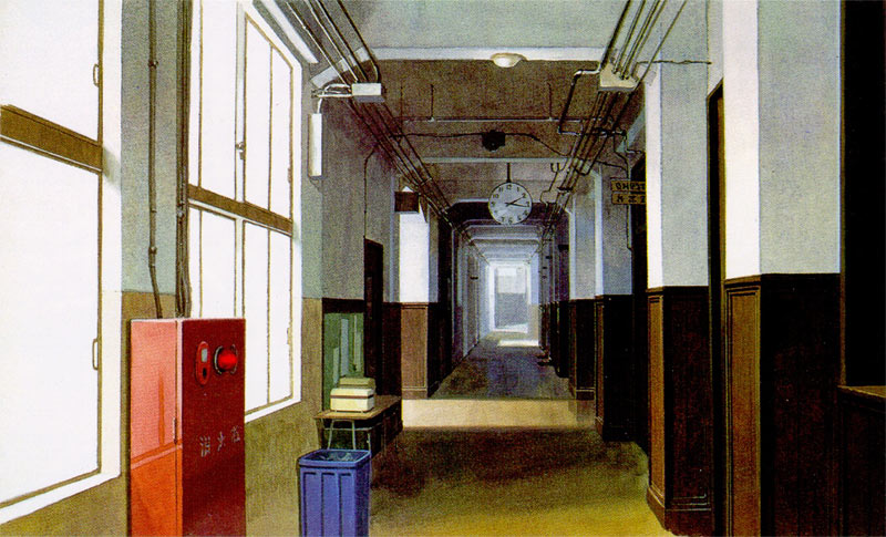 an art print with the hallway of a long building