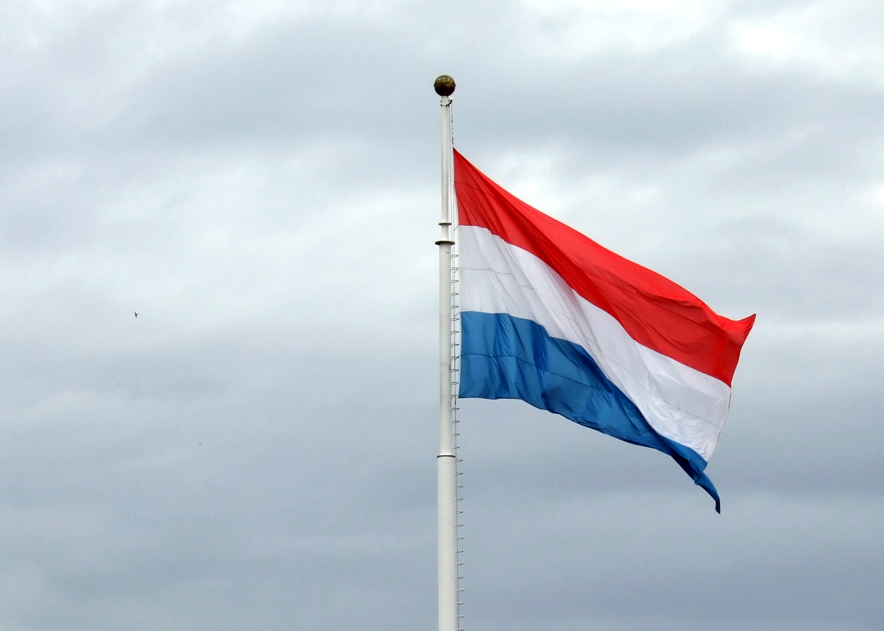 a red, white and blue flag flying from the top of a pole