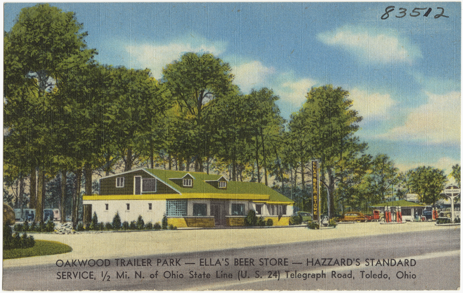 a postcard from the early 1900's depicts a covered restaurant with yellow roof and a large sign over it, and lots of trees