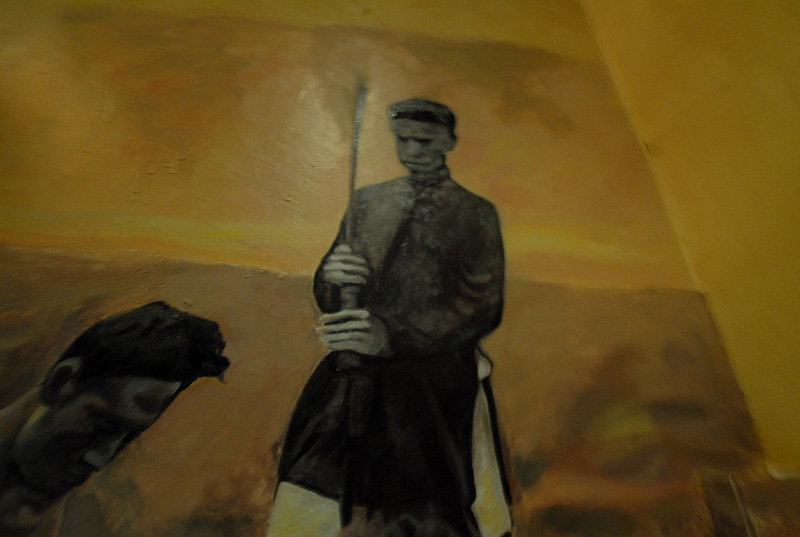 a painting of a man holding a baseball bat