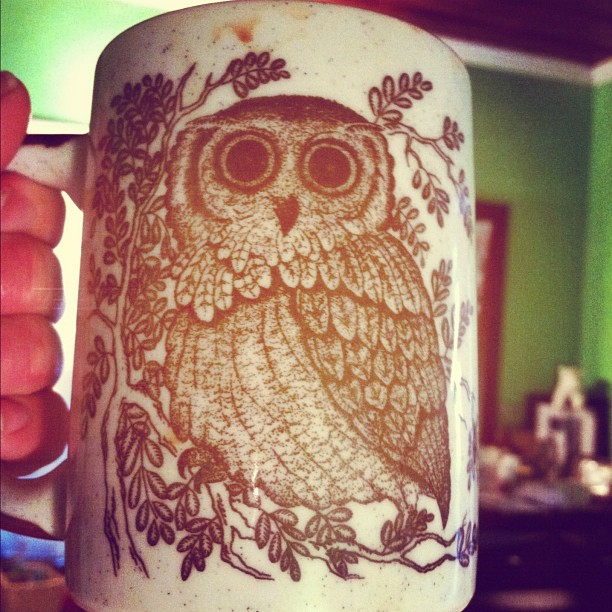 an owl drawing on the outside of a coffee mug