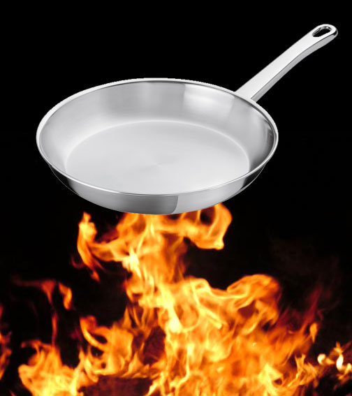 a pan on a fire with burning flames in the background