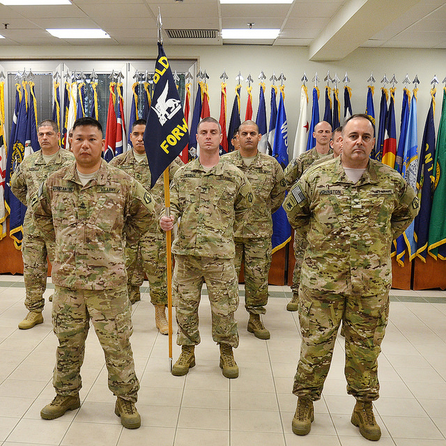 several soldiers stand in a line and hold flags