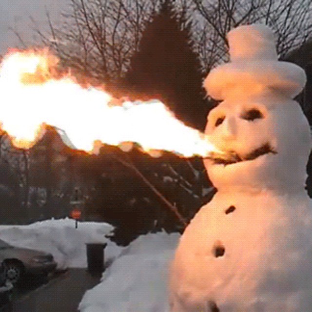 the snowman has on flames for glowing