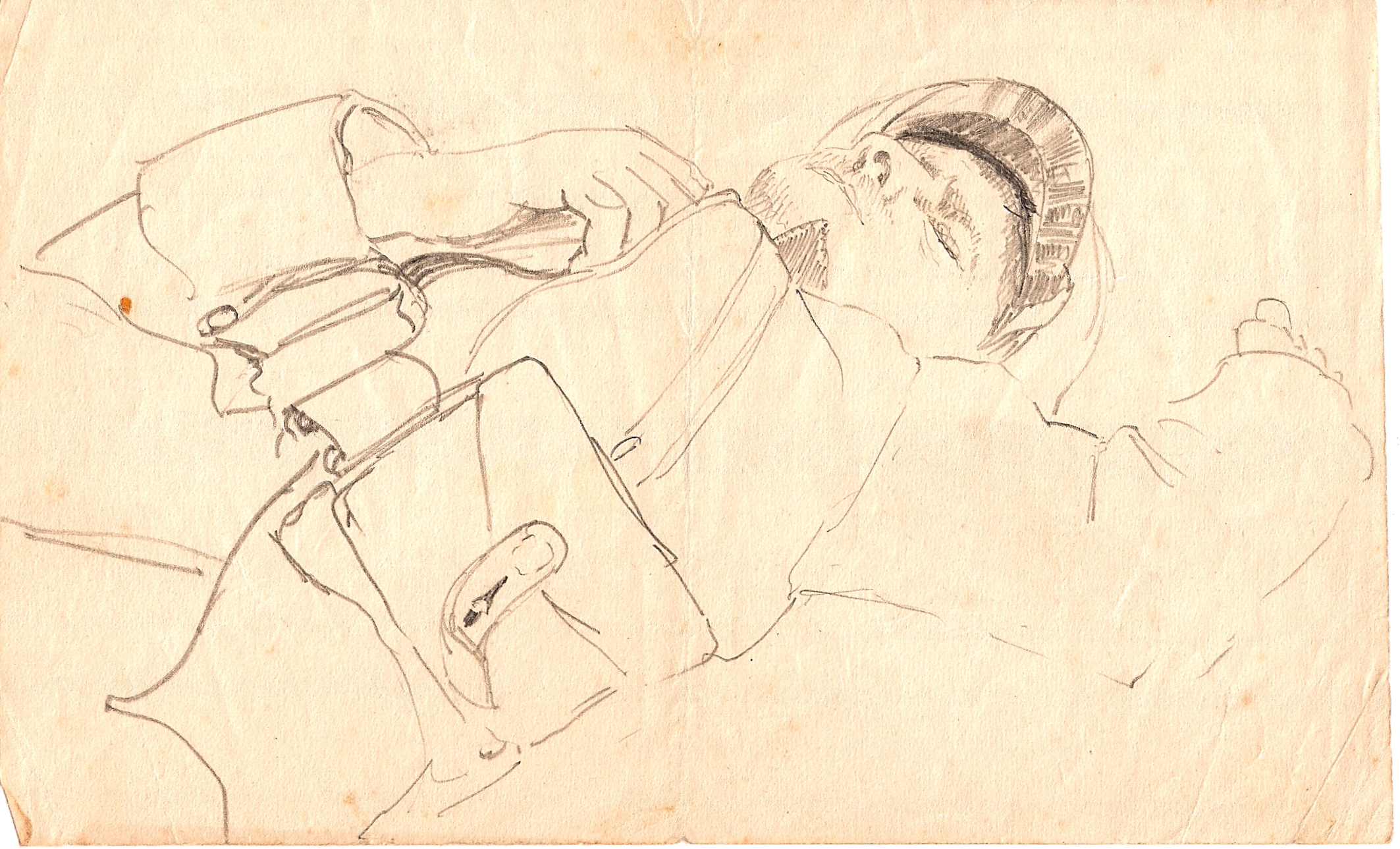 a drawing of a man sitting down and looking at his phone