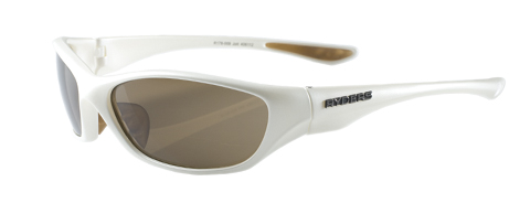 the front view of sunglasses with a white frame and polarized brown lenses