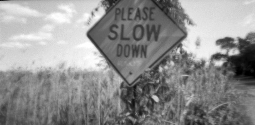 a black and white po of a sign in the grass