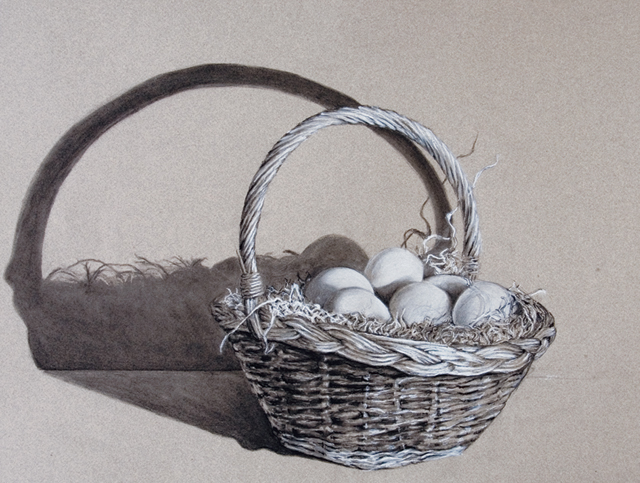 a drawing of eggs in a basket on a table