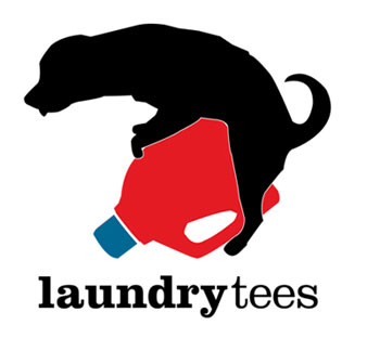 the logo for a laundry company with a dog carrying a bucket