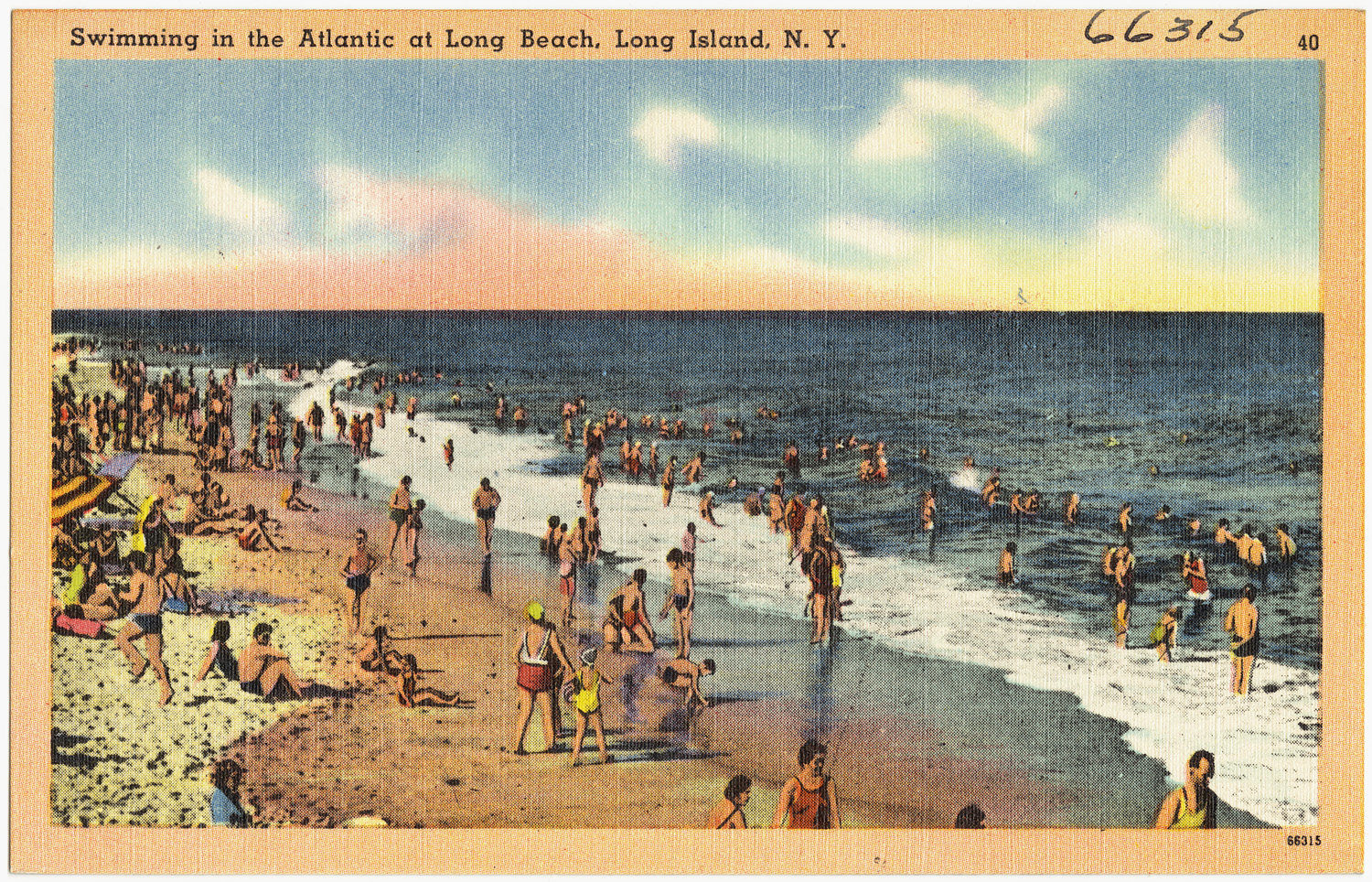 an old picture of beach with people on the shore