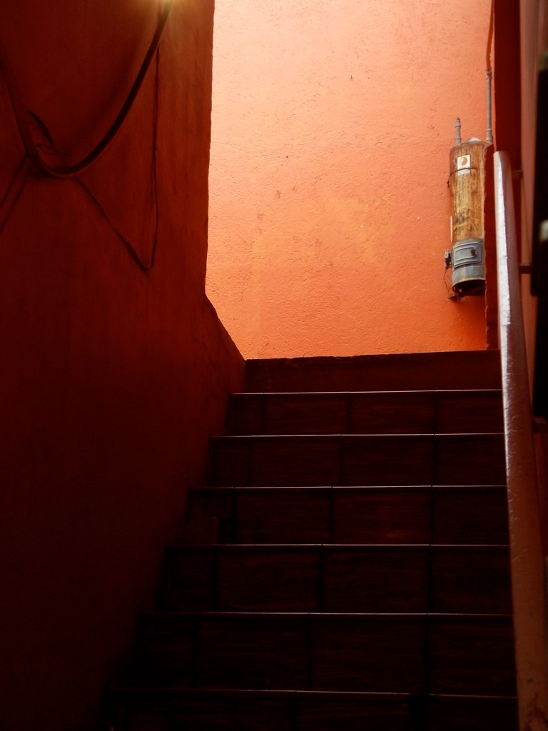 a stair in a building with red walls and stairs