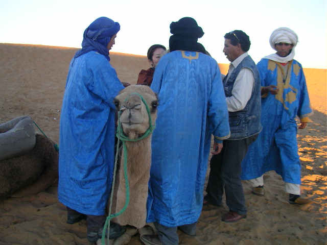the people are all wearing blue coats and have a camel