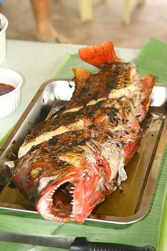 an open grilled fish sitting on a pan with carrots