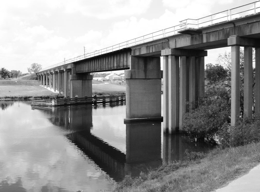 there is a black and white po of a bridge that is over water