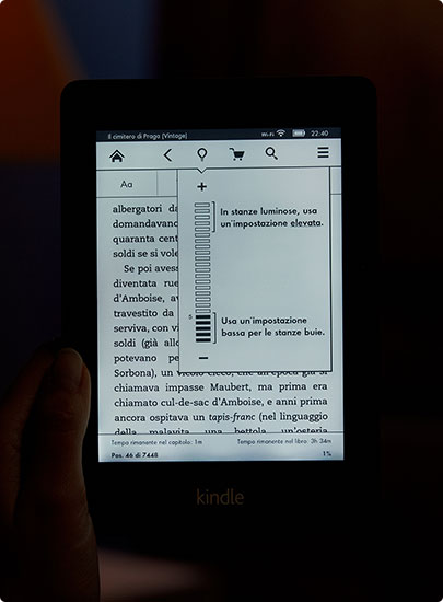 a person reading an electronic book with focus on the pages