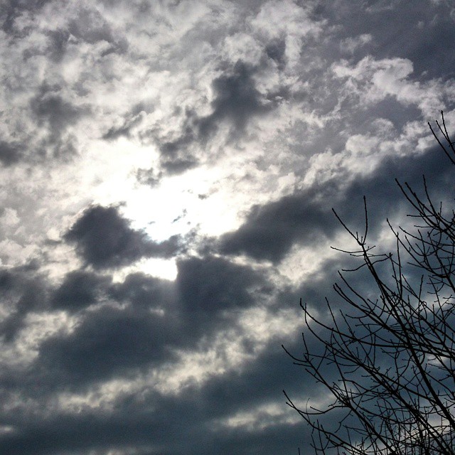 the sun shining through clouds with bare trees in front