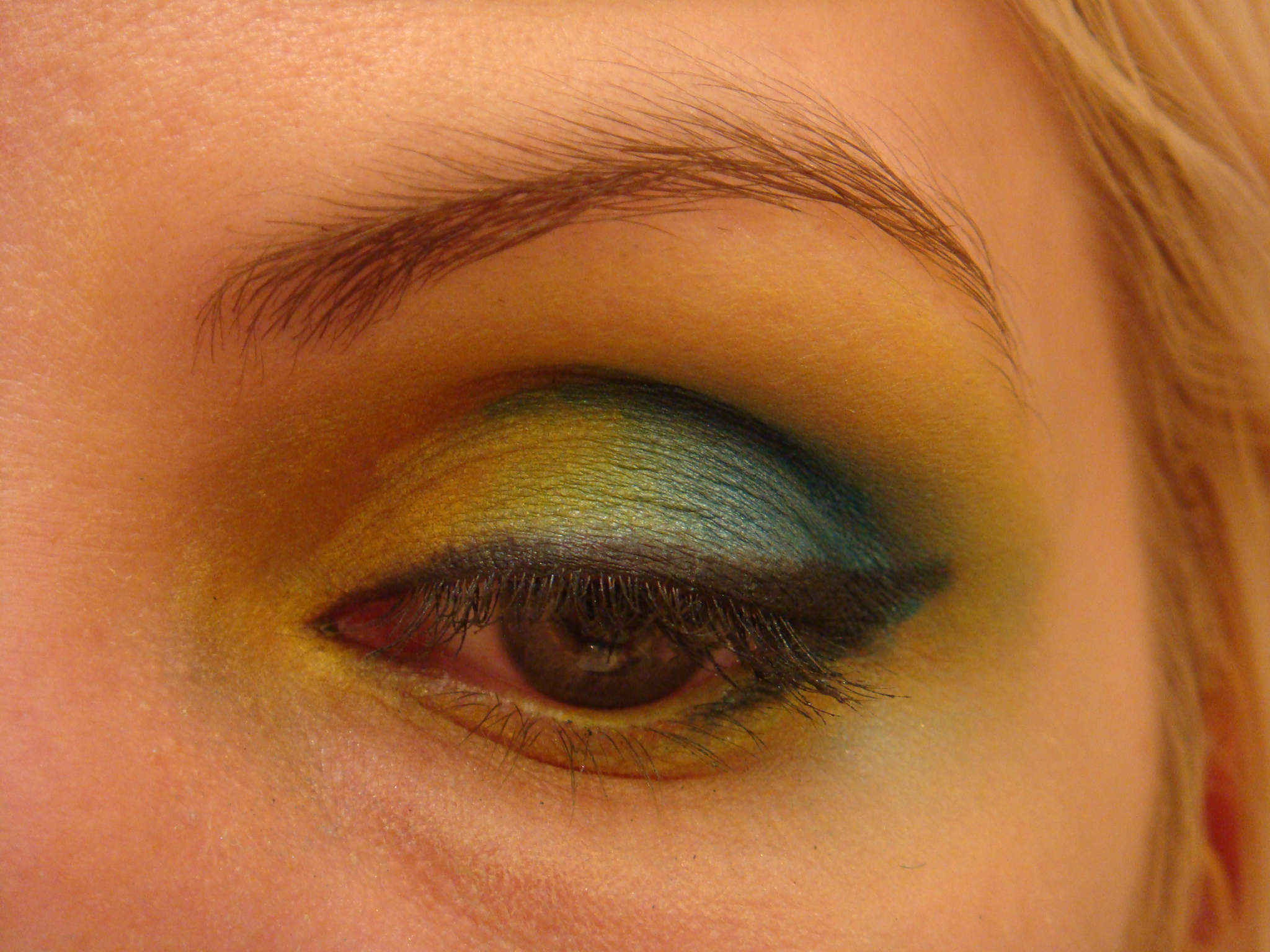 an eye s of a woman's blue and green eye shadow