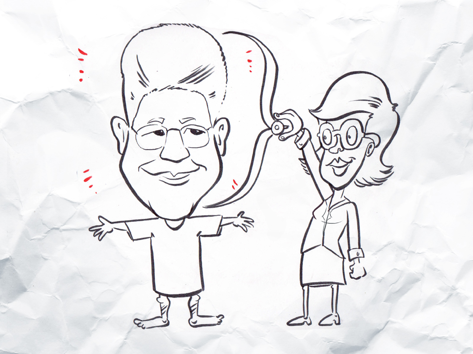 cartoon drawing of two people holding scissors over their faces