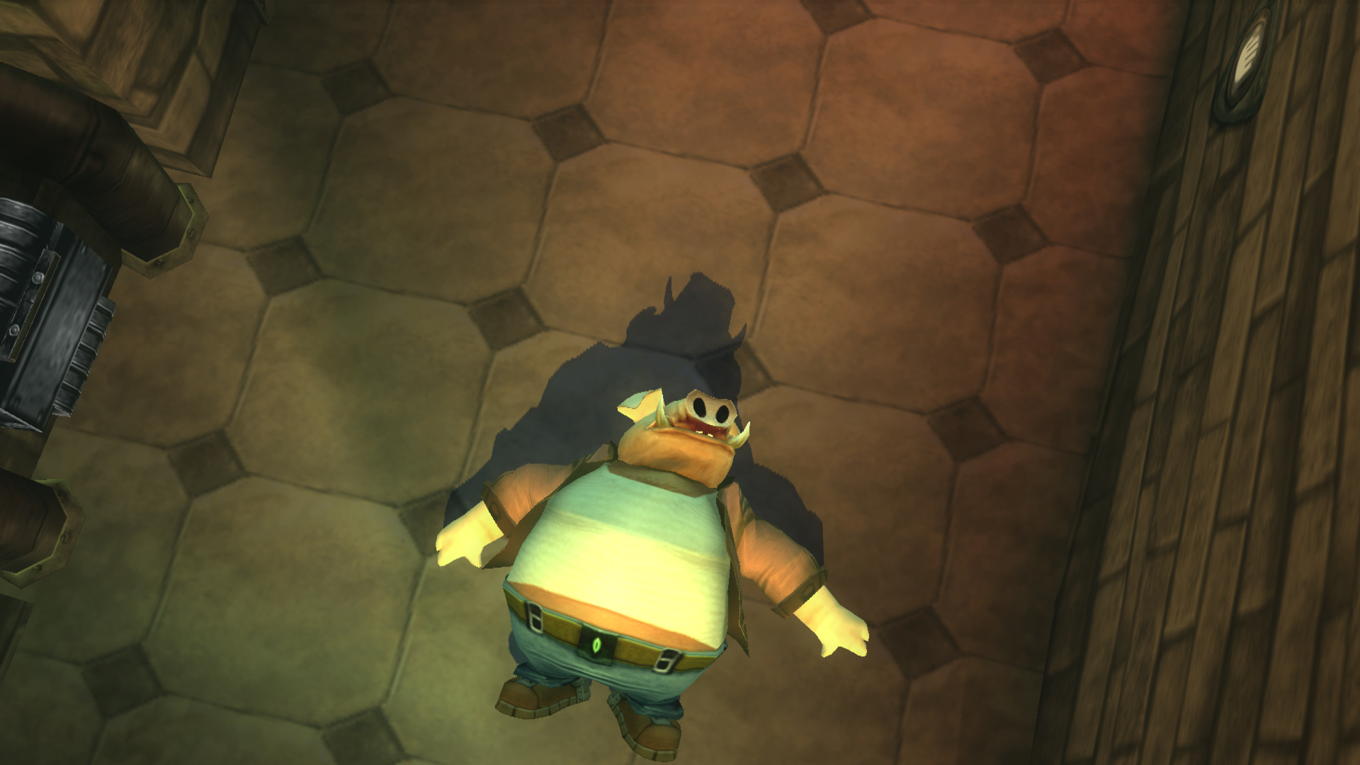 an animated character in a large room with tile walls