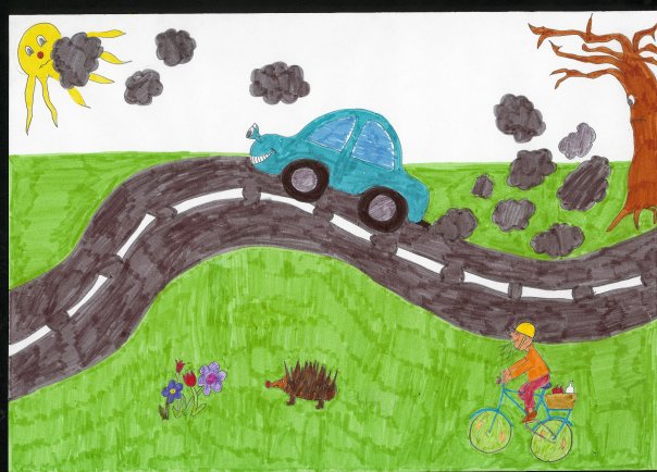 drawing showing child's drawing of a road with car and trees