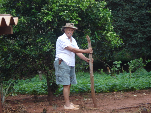 a man standing next to some plants holding a wooden stick