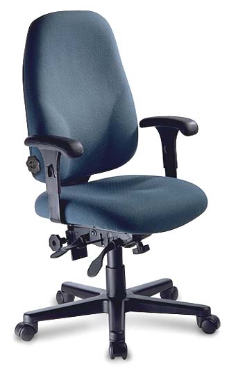 a blue computer chair is shown with wheels