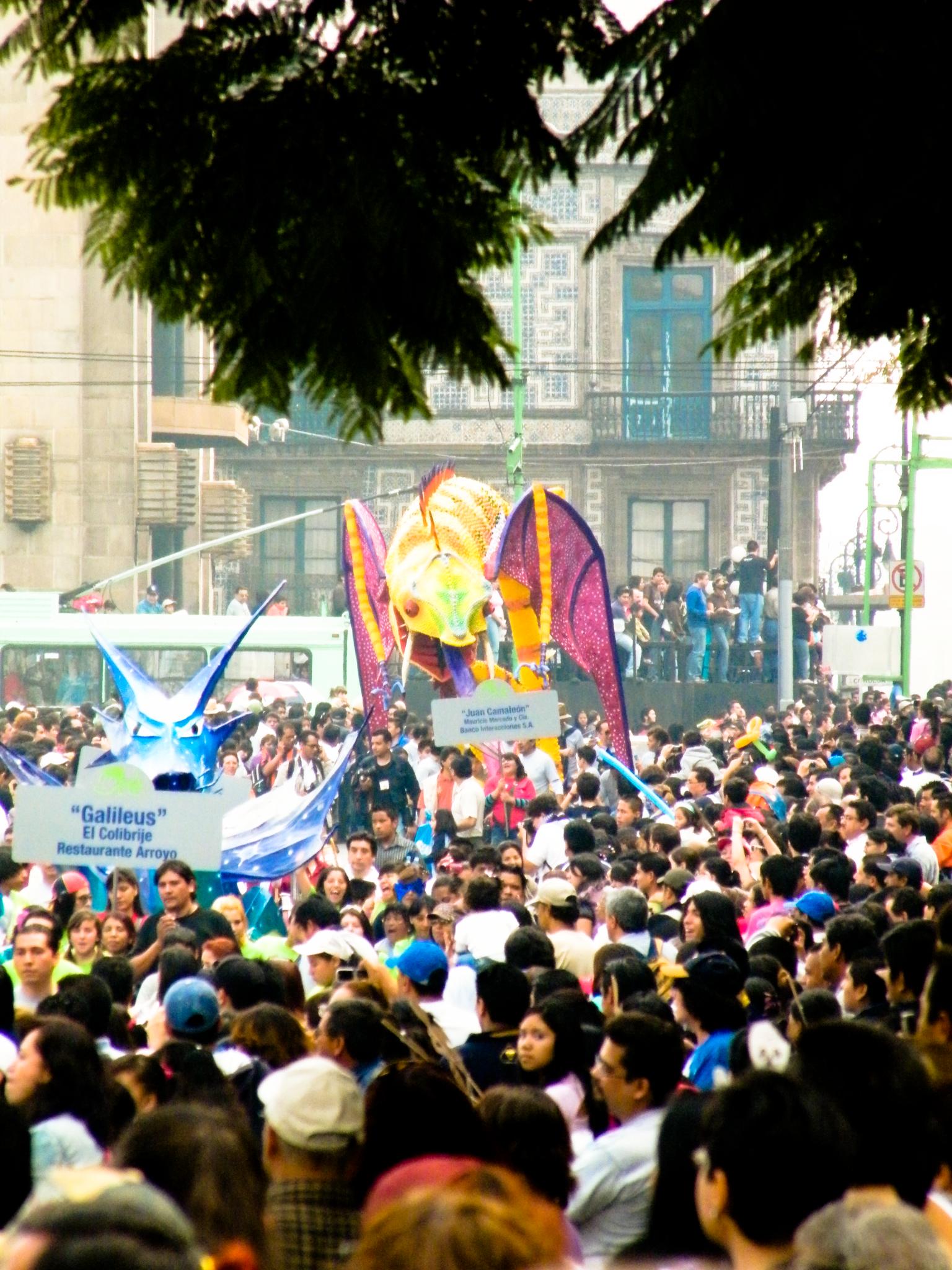 crowd of people on street with float in air