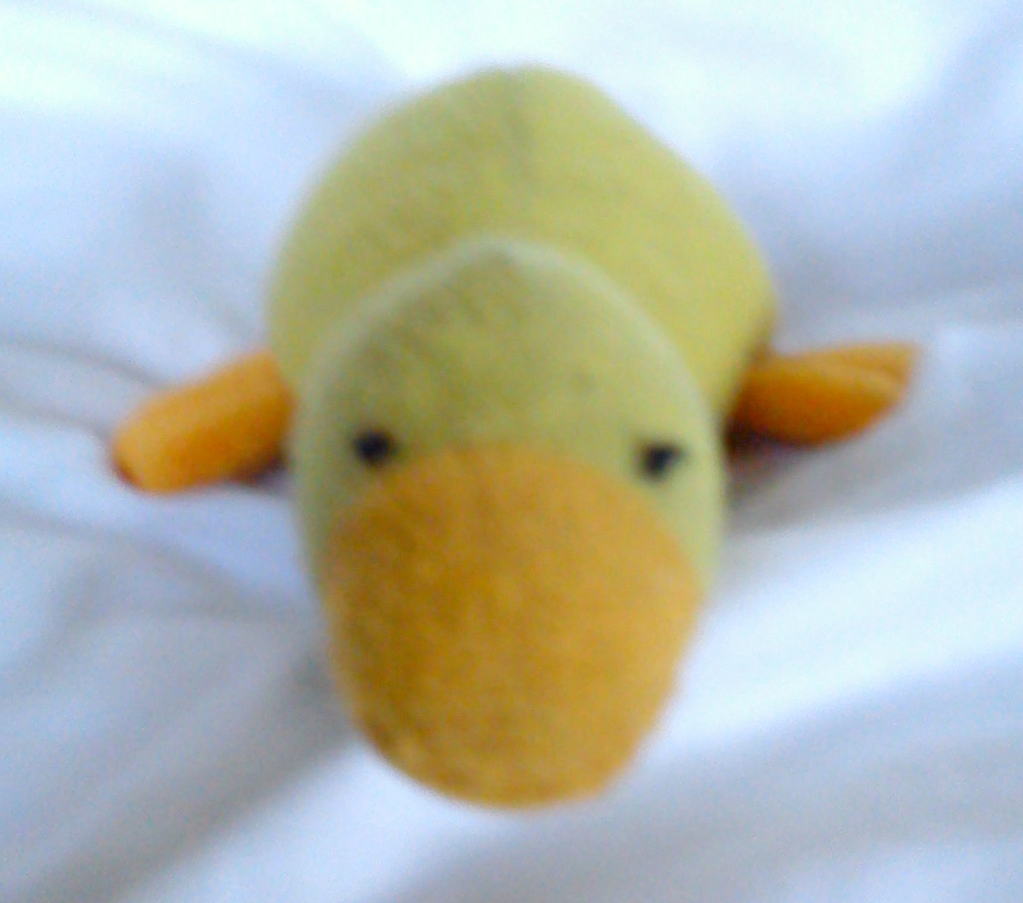 a close up of a yellow stuffed animal on a bed