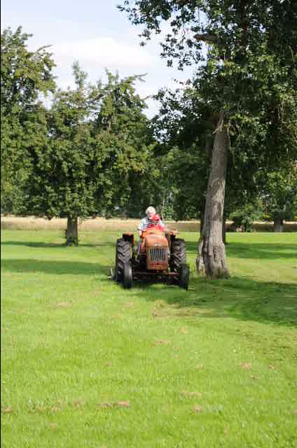 an antique tractor in the middle of a grassy park