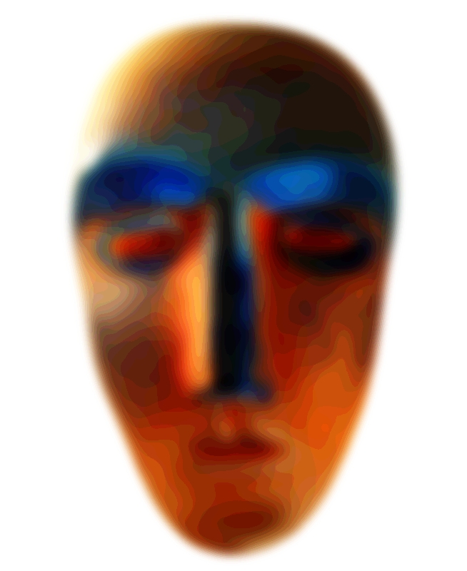 a person wearing a mask made with multiple shades of orange, blue and yellow