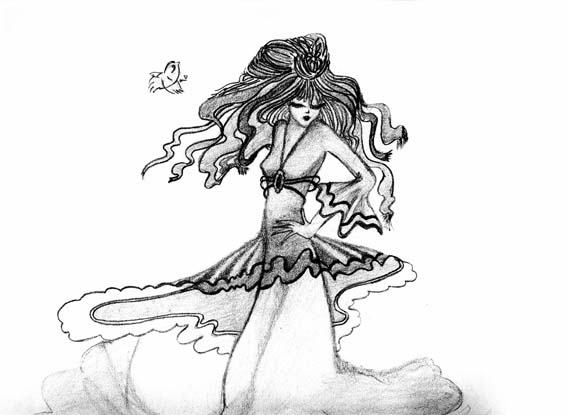 a drawing of a woman in a dress with long hair