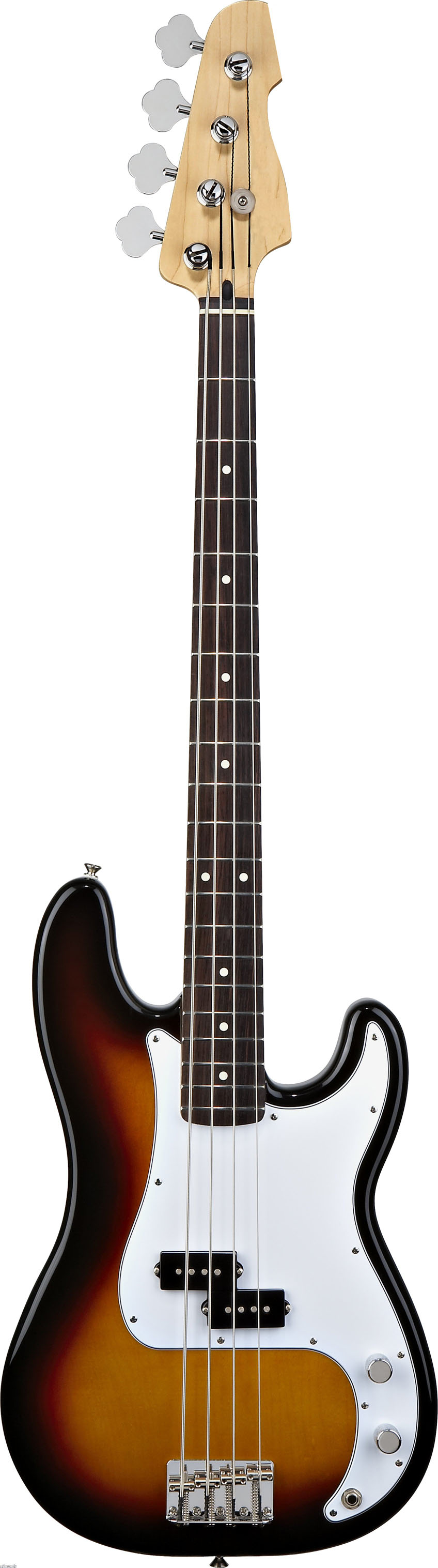 a wooden bass guitar with a white background