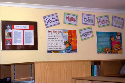 a wall decorated with pictures and bulletin boards