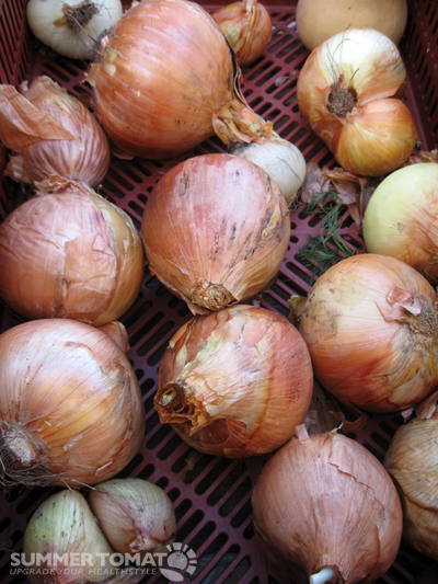 there is an image of several onions in a basket