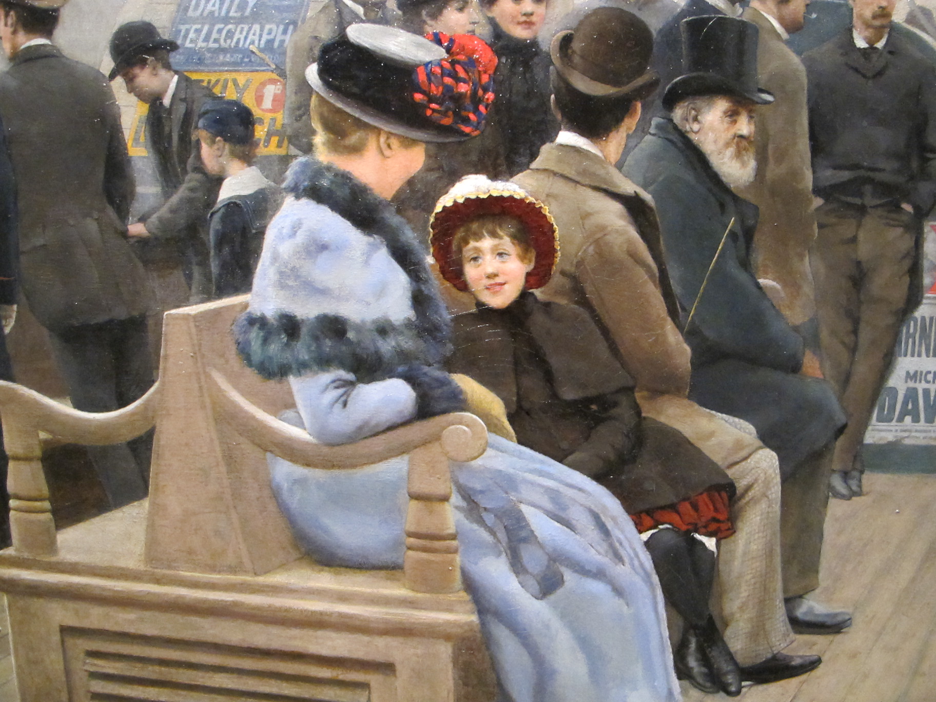 a painting of a woman sitting on a bench in front of other people