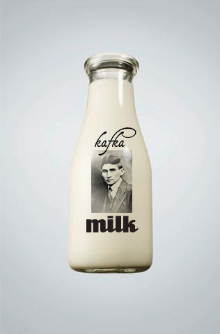an empty milk bottle with a portrait of a man on the front