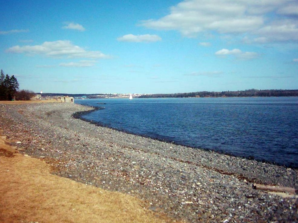 a graveled shore near a large body of water