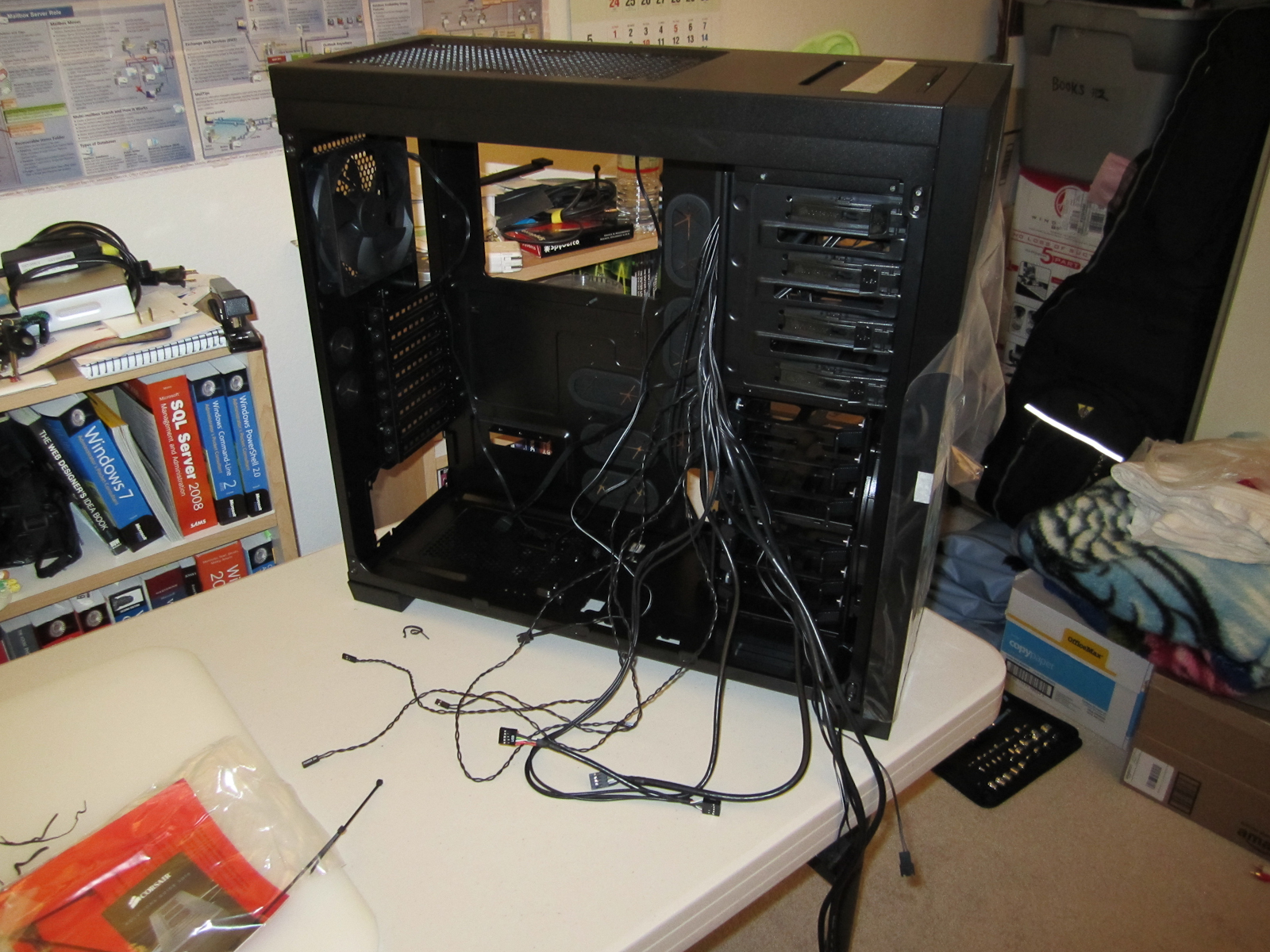 a computer case has cables plugged into it