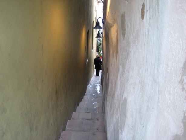 a narrow passage between two building lined with brick floor